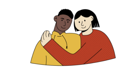 Two people side hugging
